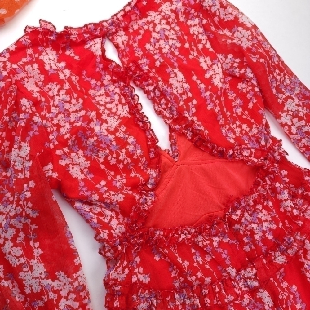 Red Pink Floral Boho Gorgeous Keyhole Back Dress Size M - Picture 12 of 14